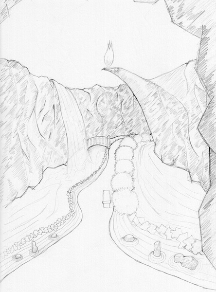 Sketch from the temple: the main pathway, with a stream, waterfall, zen sculpting, etc