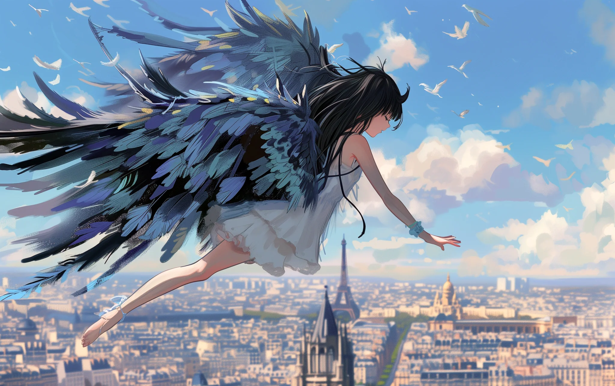 A winged girl floating over Paris